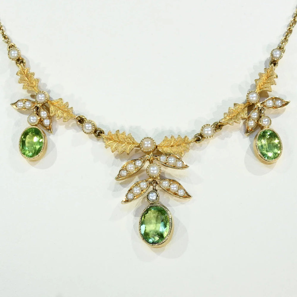Edwardian 15k Gold Peridot Pearl Necklace Leaf Motif