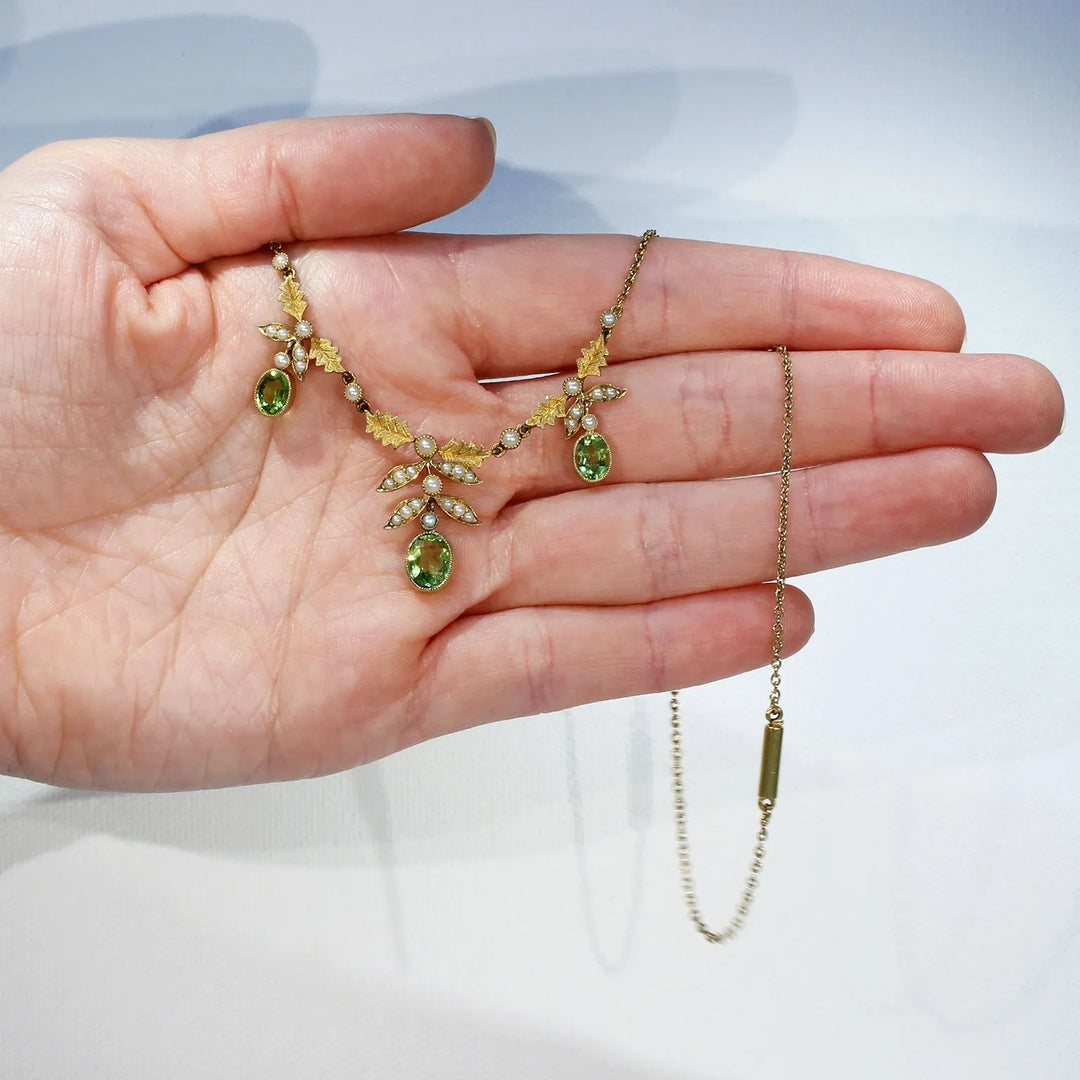 Edwardian 15k Gold Peridot Pearl Necklace Leaf Motif