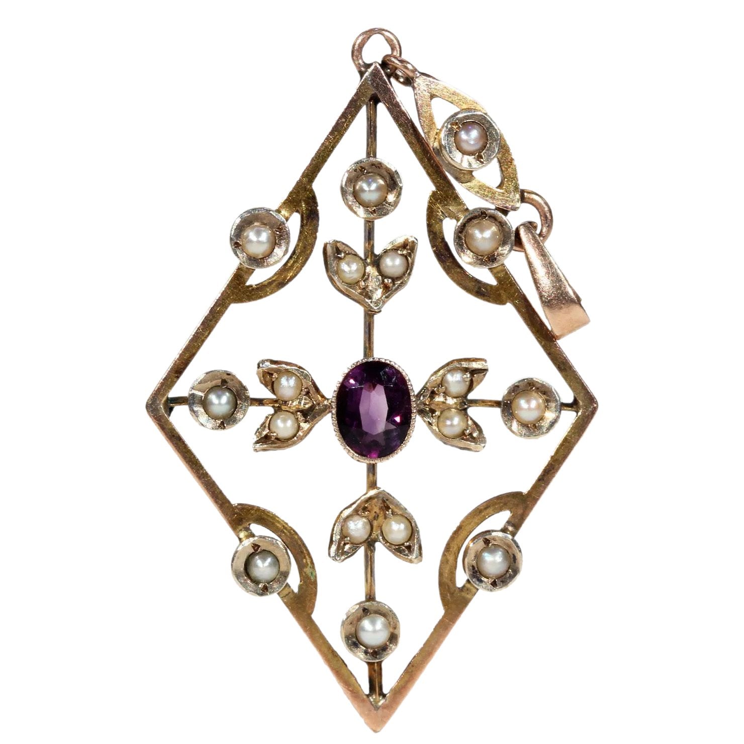 Edwardian 9k Gold Amethyst and Pearl Pendant