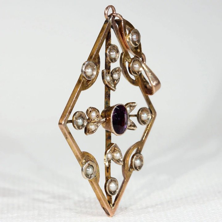 Edwardian 9k Gold Amethyst and Pearl Pendant