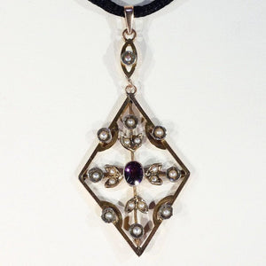 Edwardian 9k Gold Amethyst and Pearl Pendant