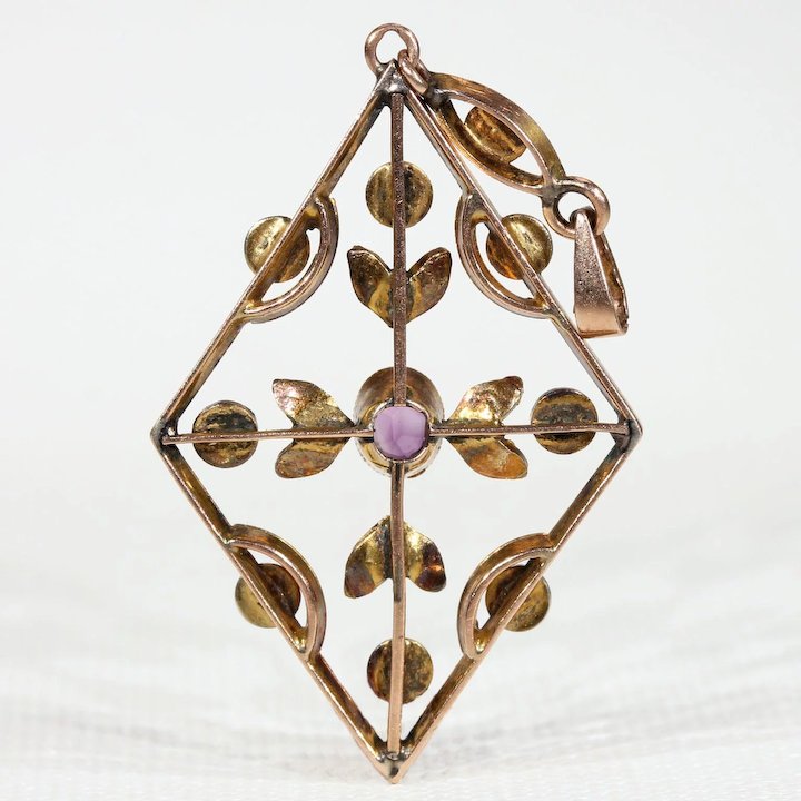 Edwardian 9k Gold Amethyst and Pearl Pendant