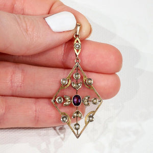 Edwardian 9k Gold Amethyst and Pearl Pendant