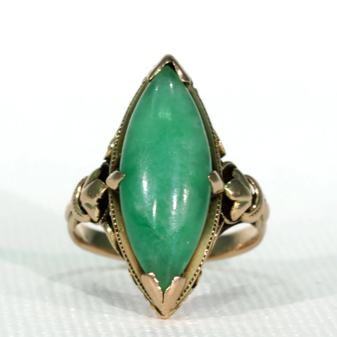 Edwardian Era Jade Ring Marquis 14k Gold