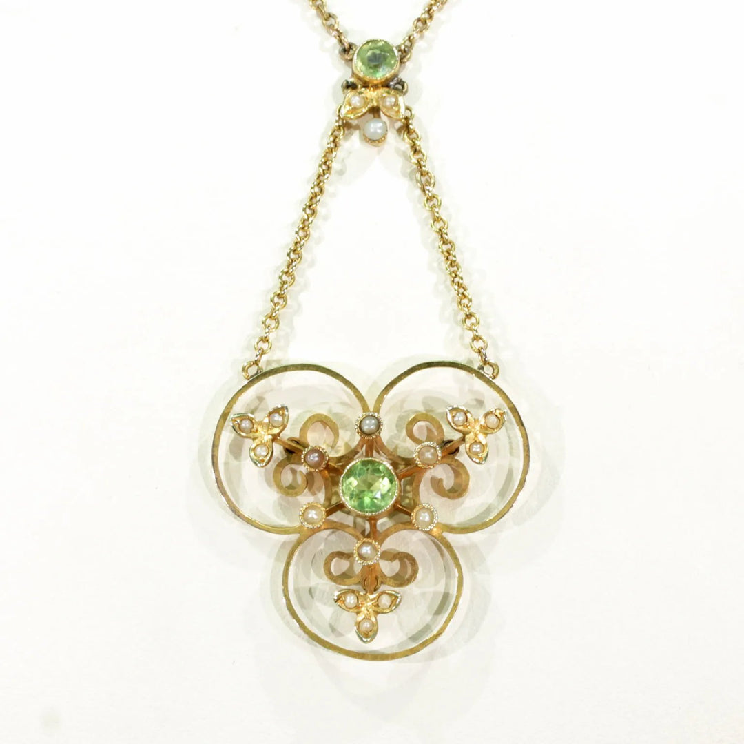Edwardian Peridot Pearl Gold Necklace