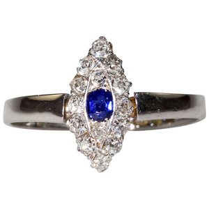 Edwardian Sapphire Diamond Ring Navette Cluster