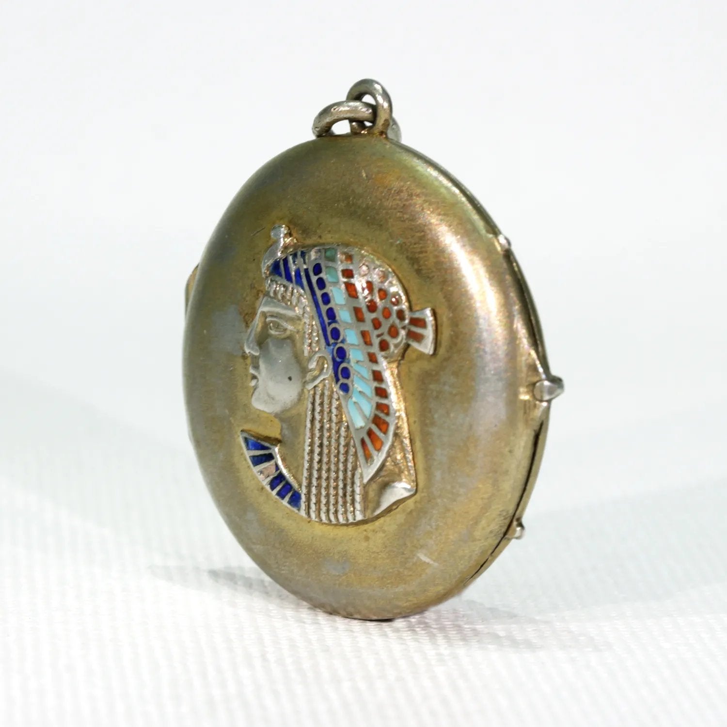 Egyptian Revival Silver Enamel Round Locket