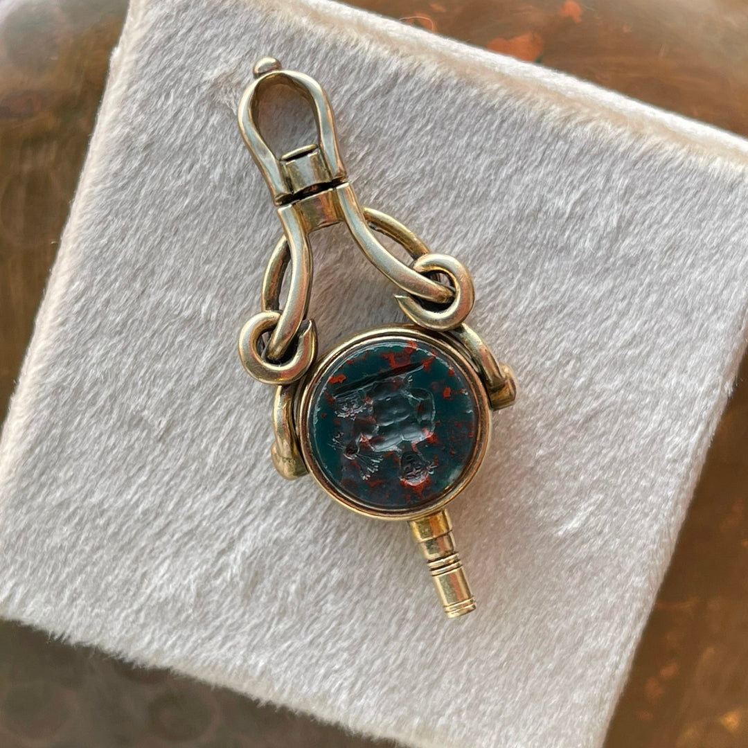 Antique Bloodstone Seal Key Fob Pendant 15k Gold Spinner