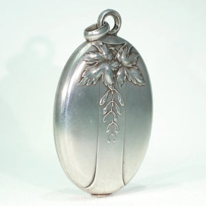 French Silver Art Nouveau Slide Locket Mirror Pendant Maple Leaf