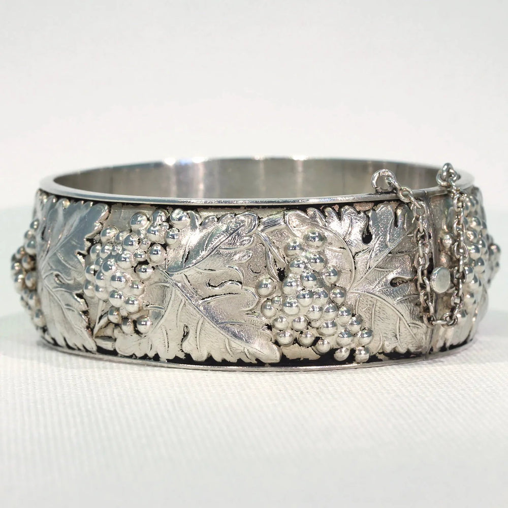 French Silver Bangle Bracelet with Grape Motif