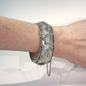 French Silver Bangle Bracelet with Grape Motif