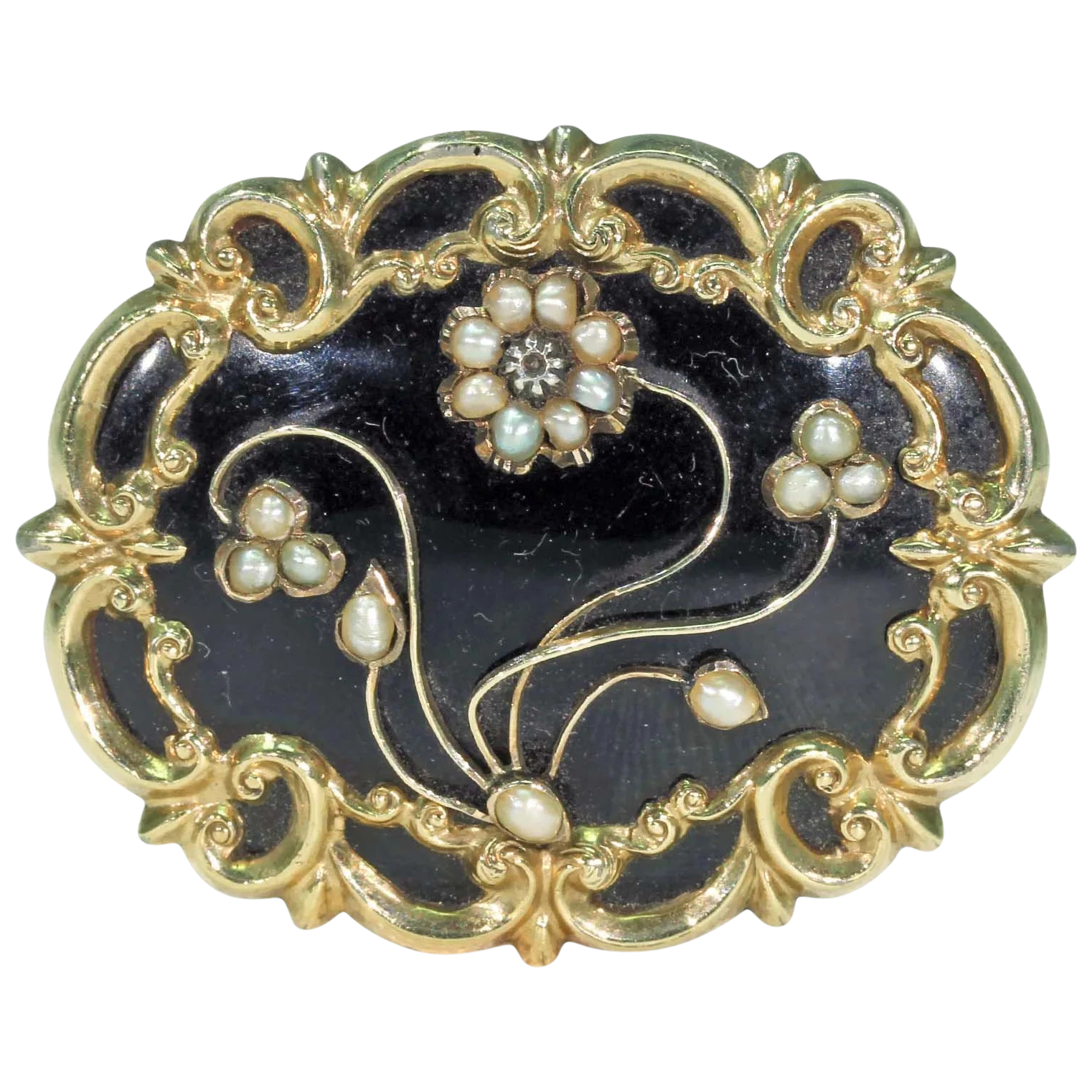 Georgian Black Enamel Pearl Diamond Memorial Brooch Pin in 15k Gold