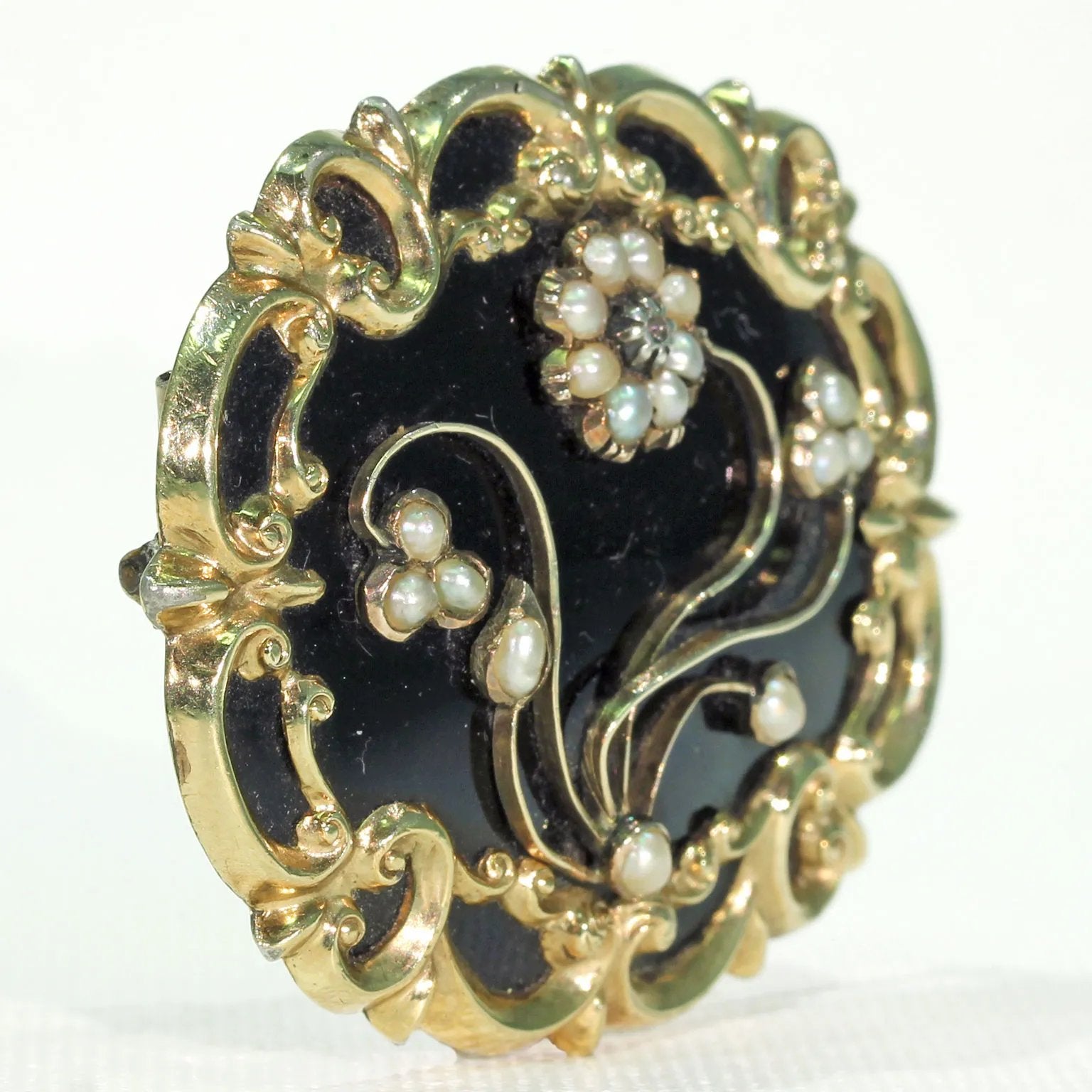 Georgian Black Enamel Pearl Diamond Memorial Brooch Pin in 15k Gold