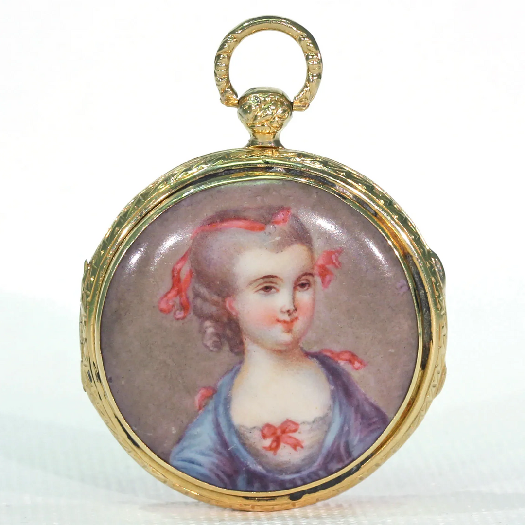 Georgian Enamel Portrait Locket Pendant 18k Gold