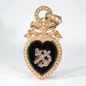 Gold Onyx Faith Hope Charity Pendant with Diamonds and Pearls