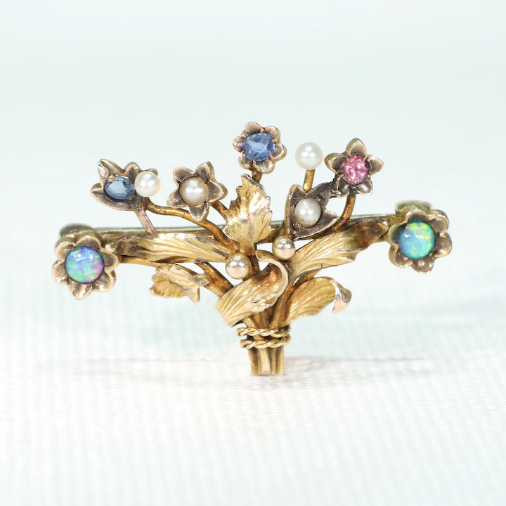 Golden Basket of Flowers Gemstone Brooch Watch Hanger