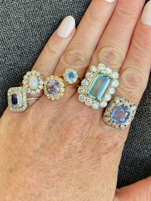 Vintage Art Deco Aquamarine Diamond Cluster Ring Hollywood Glamour