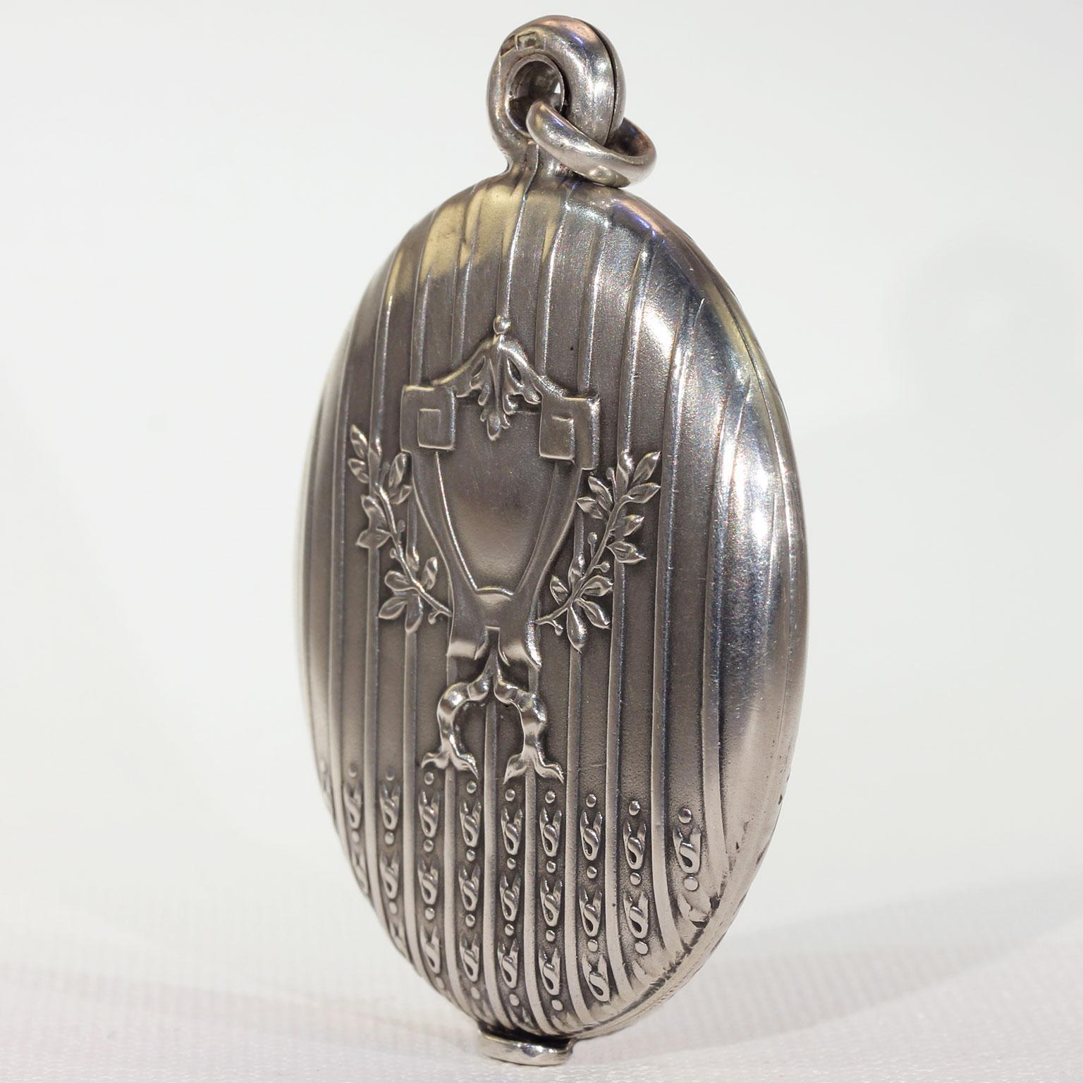 Antique French Silver Slide Locket Pendant Mirror and Frame