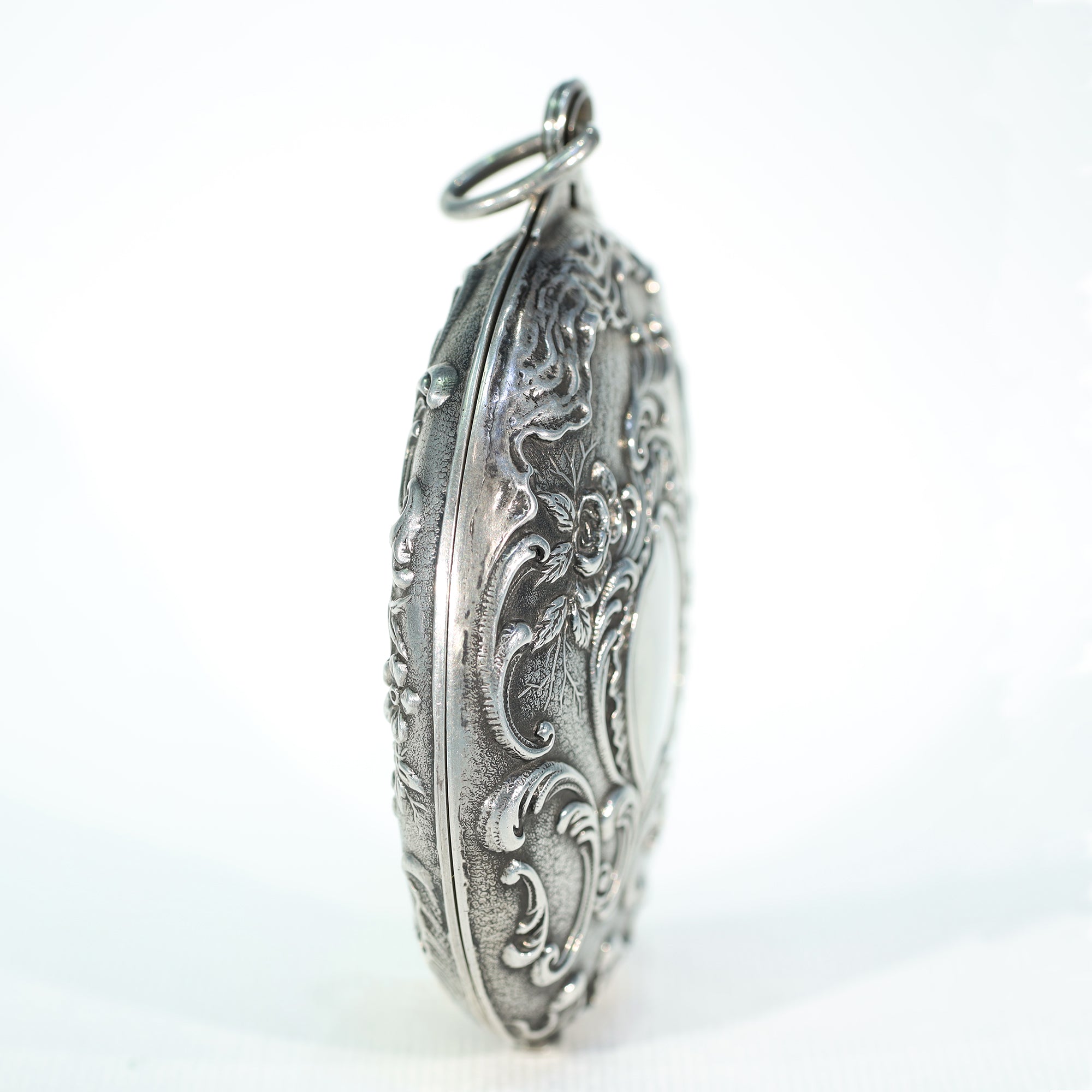 French Silver Repousse Compact Slide Locket Pendant Antique