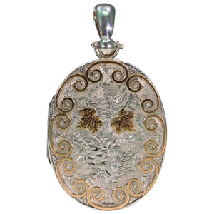 Large Sterling Silver Victorian Locket Pendant Gold Accents