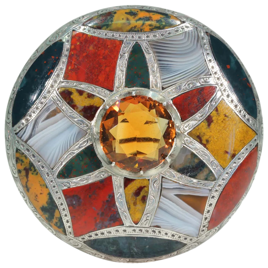 Large Victorian Scottish Inlaid Pebble Brooch Sterling Silver