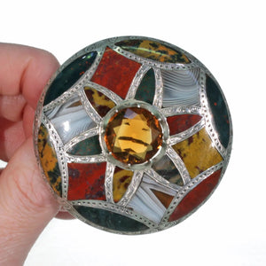 Large Victorian Scottish Inlaid Pebble Brooch Sterling Silver