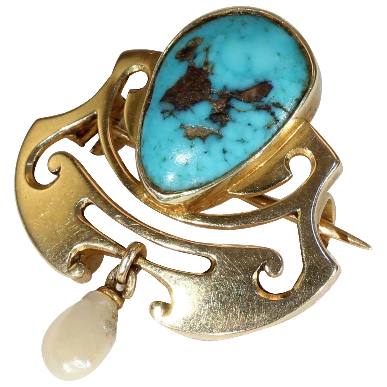 Murrle Bennet and Co. Art Nouveau Turquoise Gold Brooch Pin Pearl Drop