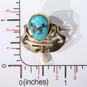 Murrle Bennet and Co. Art Nouveau Turquoise Gold Brooch Pin Pearl Drop