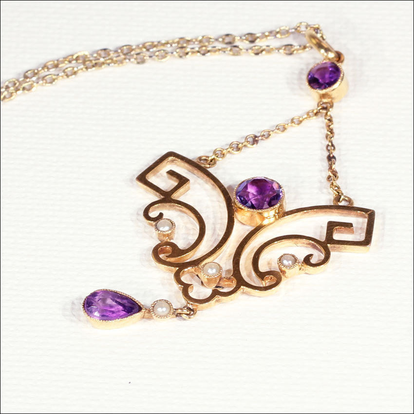 Antique Edwardian Amethyst and Pearl Lavaliere Pendant on Chain Necklace, 9k Gold