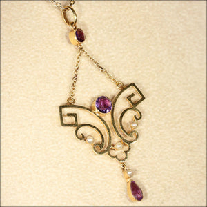 Antique Edwardian Amethyst and Pearl Lavaliere Pendant on Chain Necklace, 9k Gold