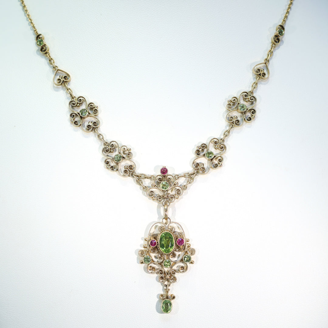 Suffragette Necklace Murrle Bennett and Co. 15k Gold Peridot Ruby Edwardian