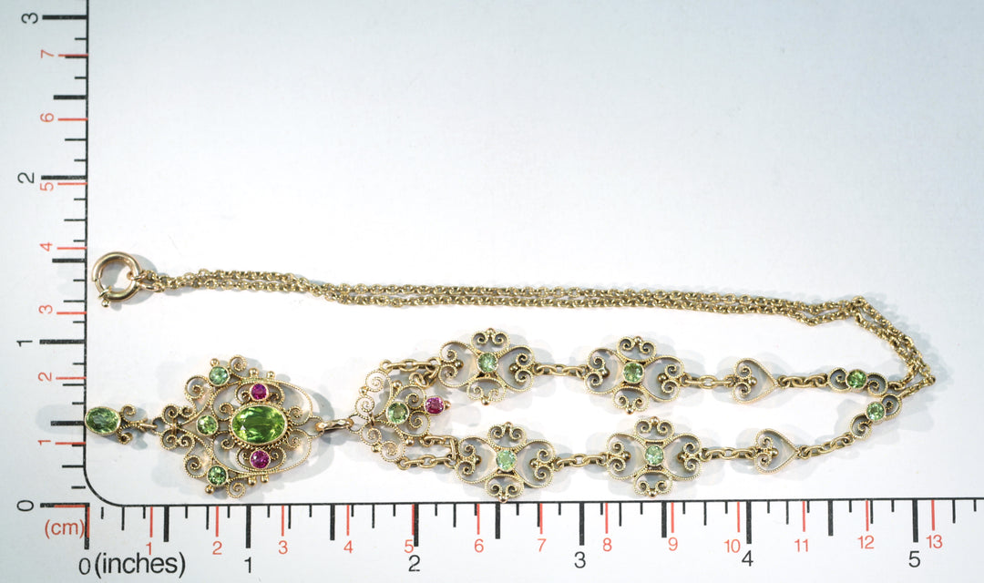 Suffragette Necklace Murrle Bennett and Co. 15k Gold Peridot Ruby Edwardian