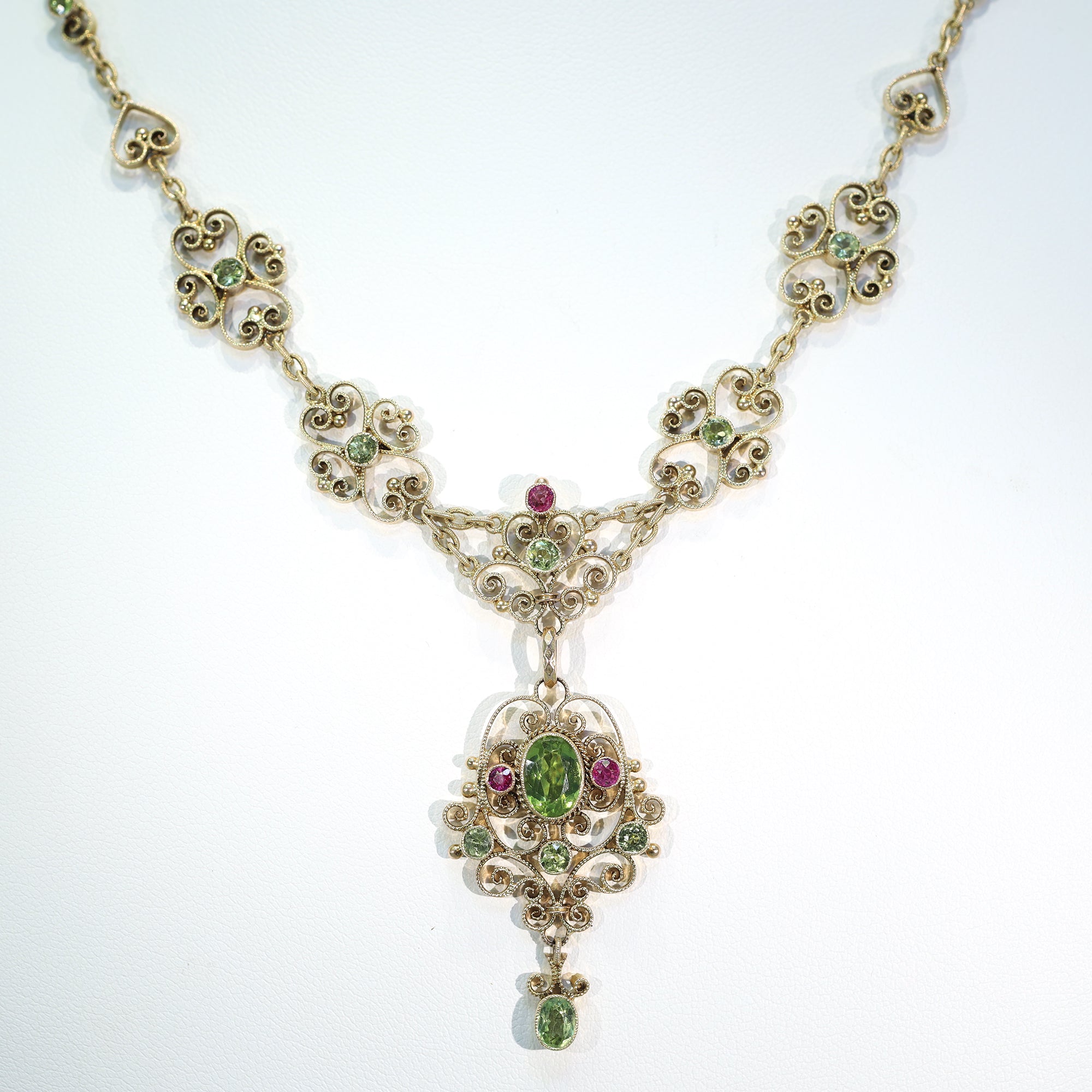 Suffragette Necklace Murrle Bennett and Co. 15k Gold Peridot Ruby Edwardian