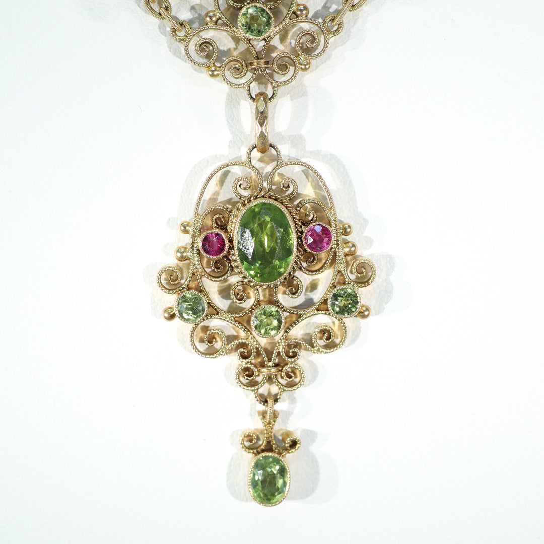 Suffragette Necklace Murrle Bennett and Co. 15k Gold Peridot Ruby Edwardian
