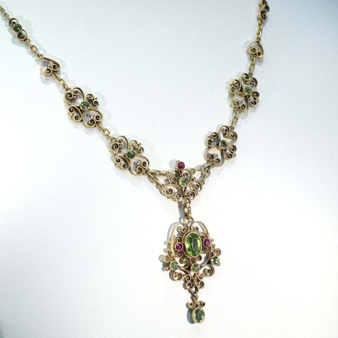 Suffragette Necklace Murrle Bennett and Co. 15k Gold Peridot Ruby Edwardian