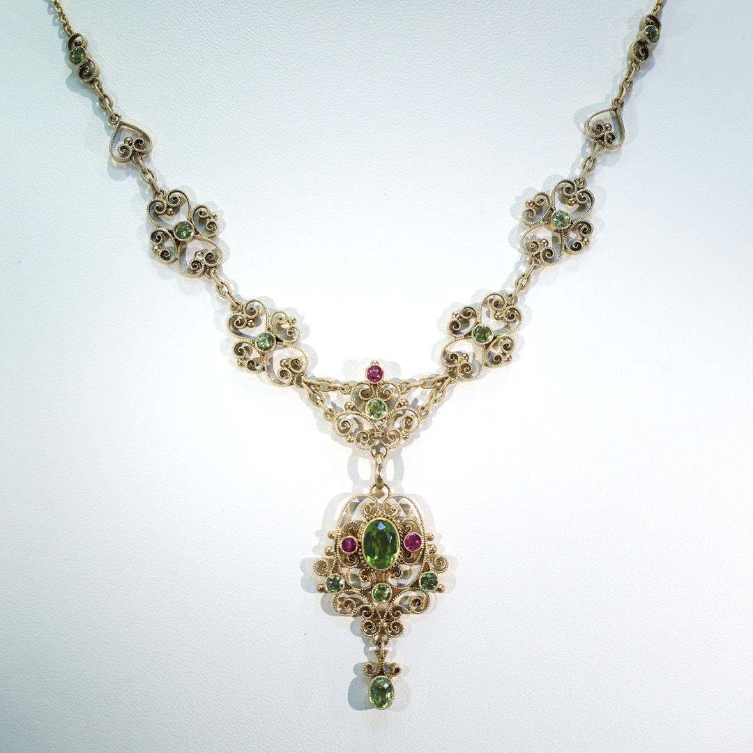 Suffragette Necklace Murrle Bennett and Co. 15k Gold Peridot Ruby Edwardian