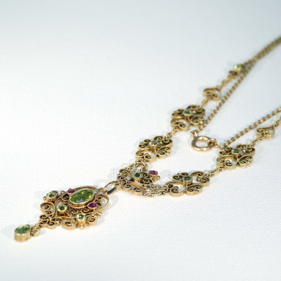 Suffragette Necklace Murrle Bennett and Co. 15k Gold Peridot Ruby Edwardian