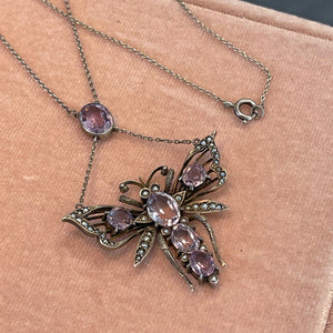 Antqiue Silver Amethyst Pearl Butterfly Drop Necklace