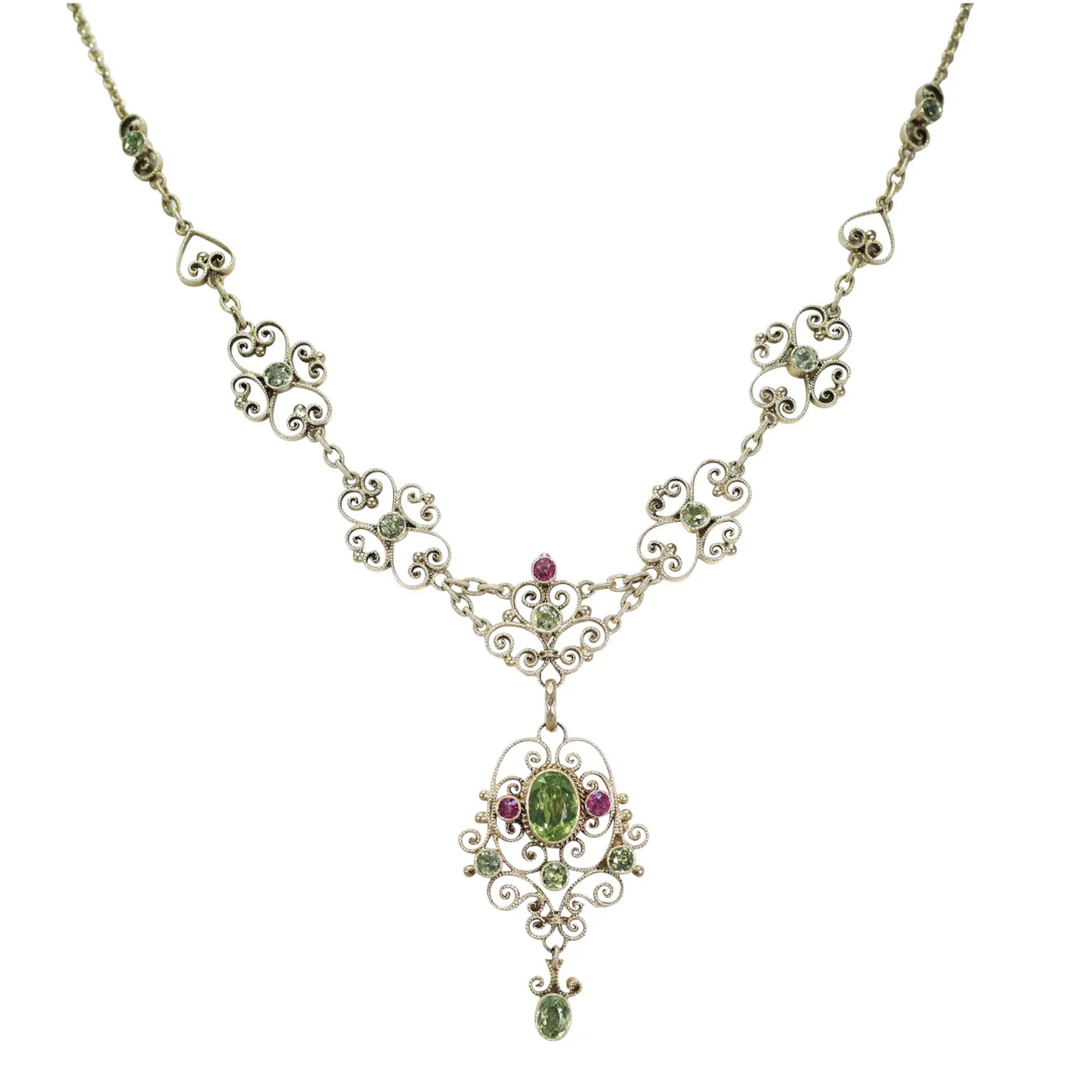 Suffragette Necklace Murrle Bennett and Co. 15k Gold Peridot Ruby Edwardian