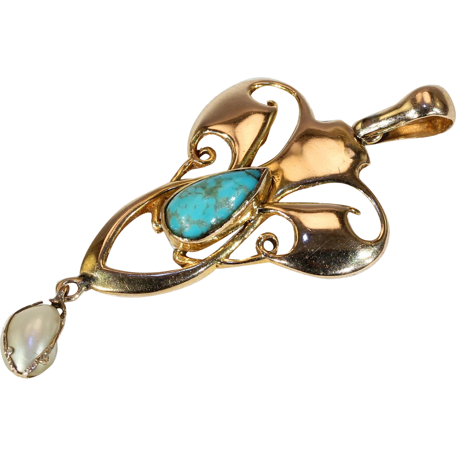 Antique Edwardian Art Nouveau Pendant Pearl Turquoise