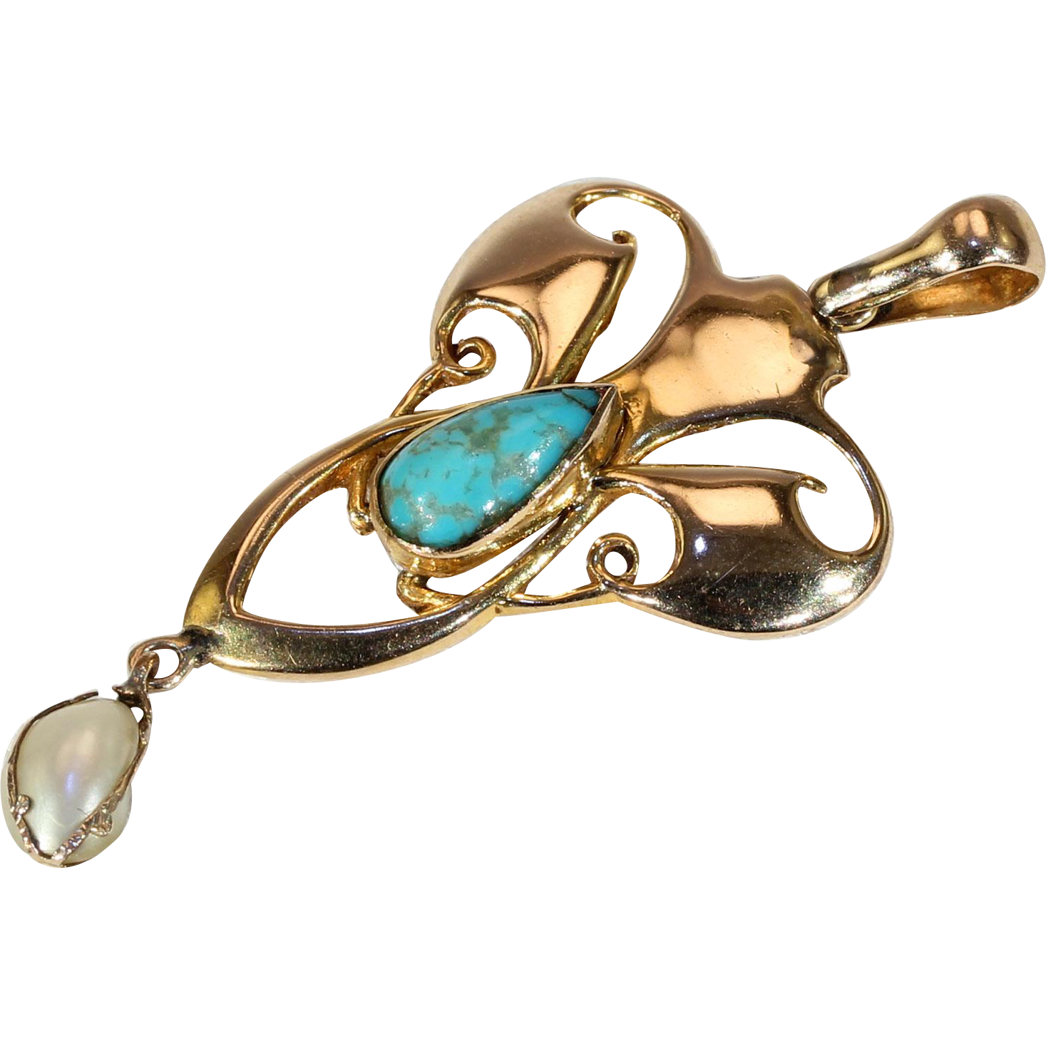 Antique Edwardian Art Nouveau Pendant Pearl Turquoise