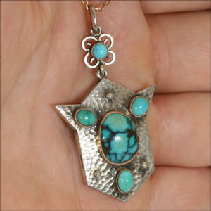 Antique Silver and 9k Gold Arts And Crafts Turquoise Pendant c.1900