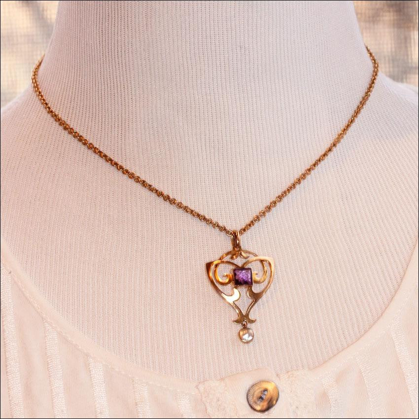 Antique Art Nouveau Amethyst and Mother of Pearl Pendant in 9k Gold