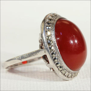 Vintage Art Deco French Carnelian and Marcasite Ring in Silver