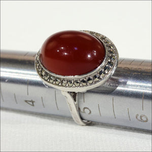 Vintage Art Deco French Carnelian and Marcasite Ring in Silver
