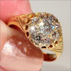 Antique Victorian Diamond Cluster Engagement Ring in 18k Gold, Hallmarked 1874