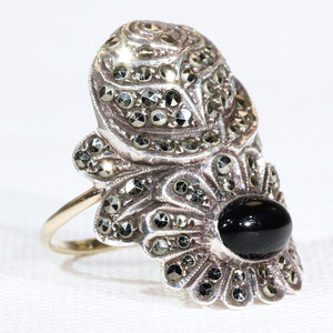 Art Deco Silver Marcasite Onyx Ring Gold Band Rose Daisy Flower