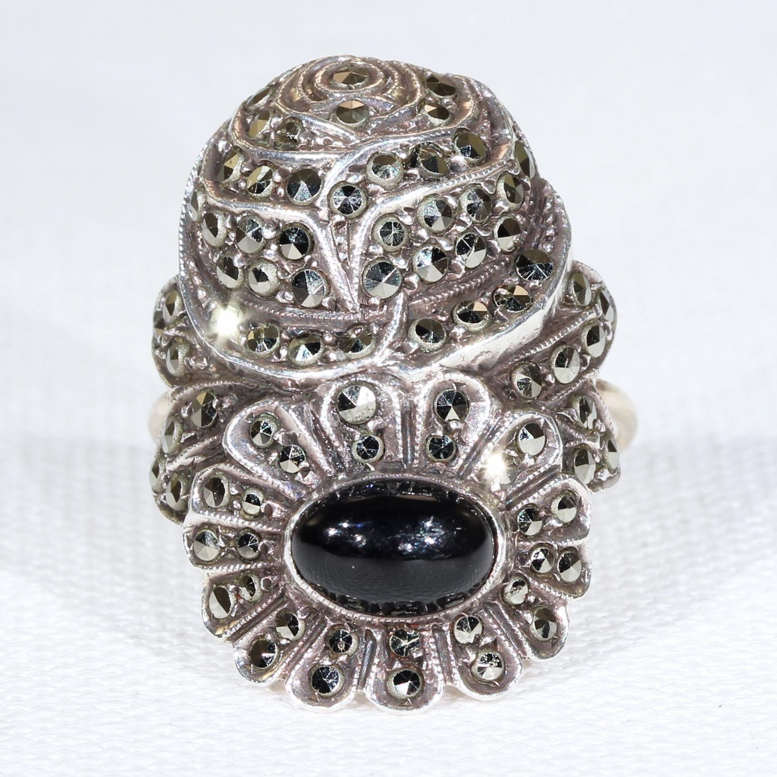 Art Deco Silver Marcasite Onyx Ring Gold Band Rose Daisy Flower