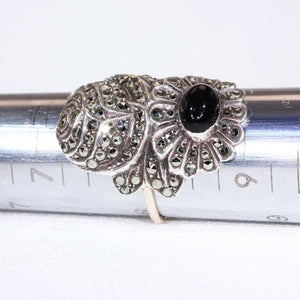 Art Deco Silver Marcasite Onyx Ring Gold Band Rose Daisy Flower