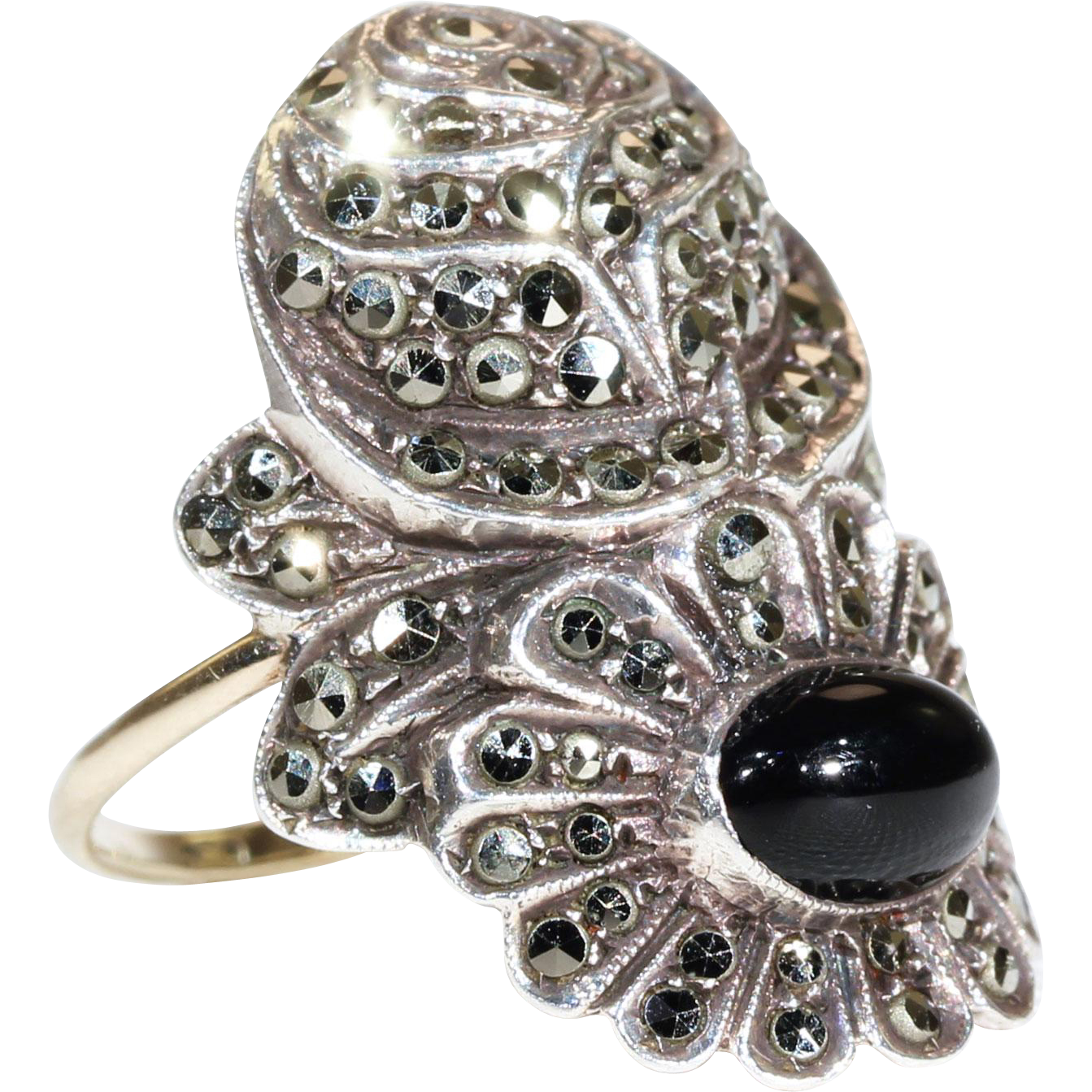 Art Deco Silver Marcasite Onyx Ring Gold Band Rose Daisy Flower